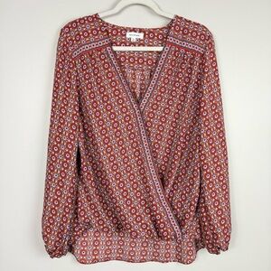 Max Studio Top Criss Cross Women Large Blouse Boho Red V-Neck Long Sleeve Hi Low
